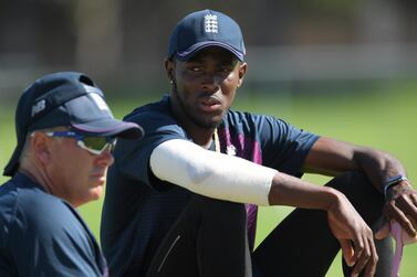 England bowler Jofra Archer with coach Chris Silverwood. Getty