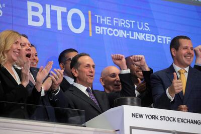 Michael Sapir, chief executive of ProShares, rings the opening bell to mark the trading debut of the Bitcoin Strategy ETF on the New York Stock Exchange. Reuters