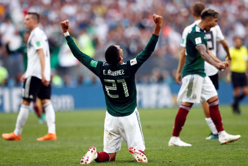 Mexico's Edson Alvarez celebrates after his team won the group F match between Germany and Mexico at the 2018 soccer World Cup in the Luzhniki Stadium in Moscow, Russia, Sunday, June 17, 2018. (AP Photo/Matthias Schrader)