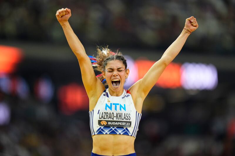 Auriana Lazraq-Khlass of France celebrates after finishing the heptathlon 200 metres at the World Athletics Championships in Budapest. AP Photo