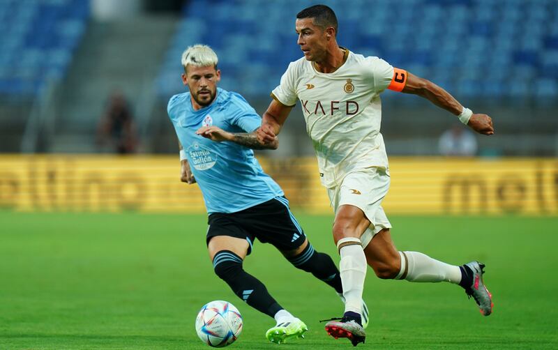 Cristiano Ronaldo in action during Al Nassr's 5-0 friendly defeat against Celta Vigo at Estadio Algarve in Portugal on July 17, 2023. Getty