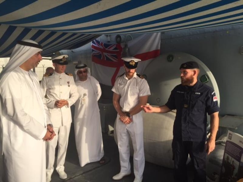 Sheikh Ahmad bin Saqr al Qasimi, chairman of Ras al-Khaimah economic zone. is welcomed on board HMS Middleton