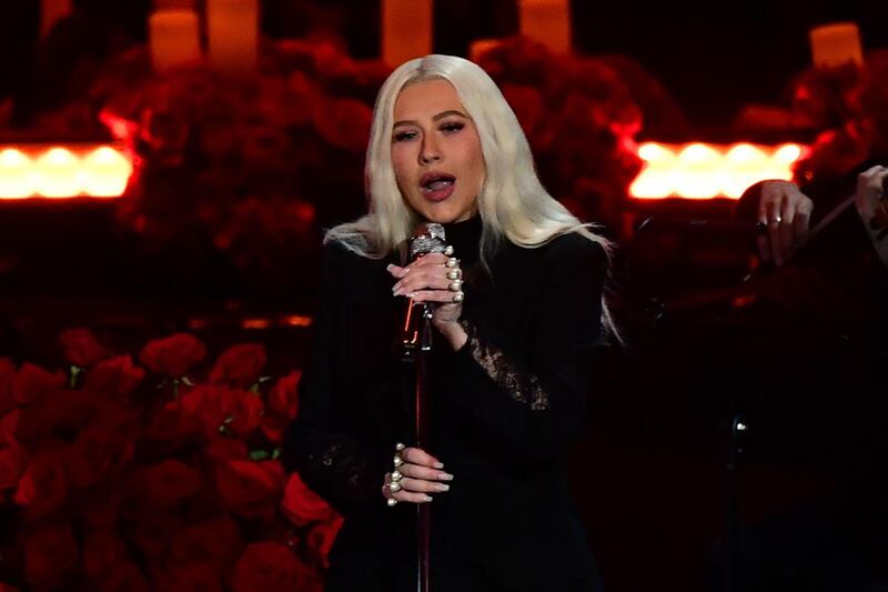 US singer Christina Aguilera performs during the "Celebration of Life for Kobe and Gianna Bryant" service at Staples Center in Downtown Los Angeles on February 24, 2020. Kobe Bryant, 41, and 13-year-old Gianna were among nine people killed in a helicopter crash in the rugged hills west of Los Angeles on January 26. AFP