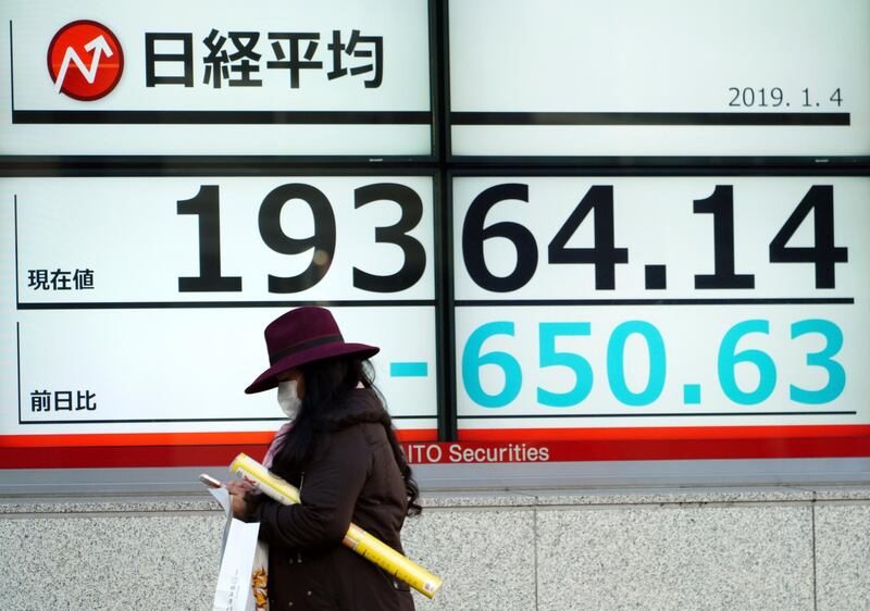 A woman walks past an electronic stock board showing Japan's Nikkei 225 index at a securities firm in Tokyo Friday, Jan. 4, 2019. Japanese markets have tumbled as they reopened after the New Year holidays, while other Asian indexes are mixed after a technology-led sell-off on Wall Street. (AP Photo/Eugene Hoshiko)