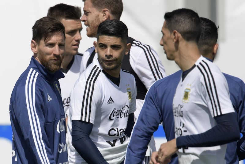 Lionel Messi, left, and his teammates during training session at Argentina's base camp in Bronnitsy ahead of the World Cup Group D match against Croatia Juan Mabromata / AFP