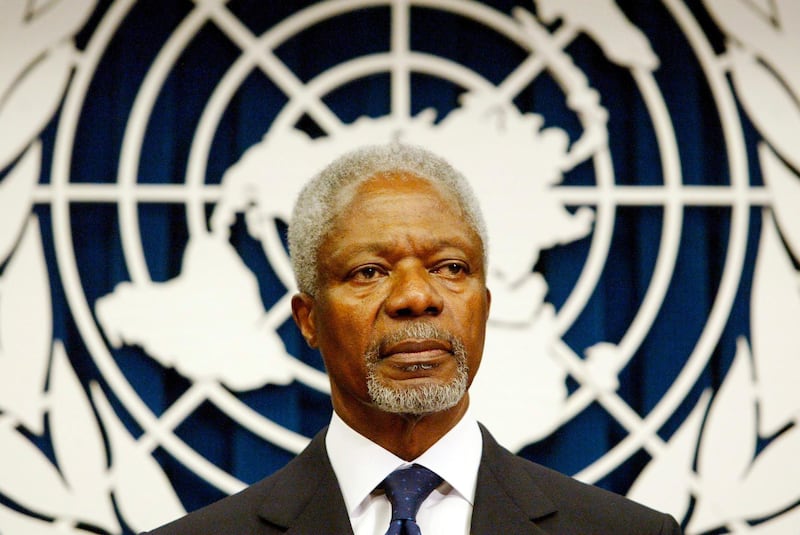 epa06955572 (FILE) - Then United Nations Secretary General Kofi Annan addresses the United Nations General Assembly to unveil his blueprint for the most sweeping changes to the United Nations and the International system of security since World War II, at United Nations Headquarters in New York, USA, 21 March 2005 (reissued 18 August 2018). According to reports, the former UN secretary general Kofi Annan died on 18 August 2018 at the age of 80.  EPA/JASON SZENES *** Local Caption *** 99497015