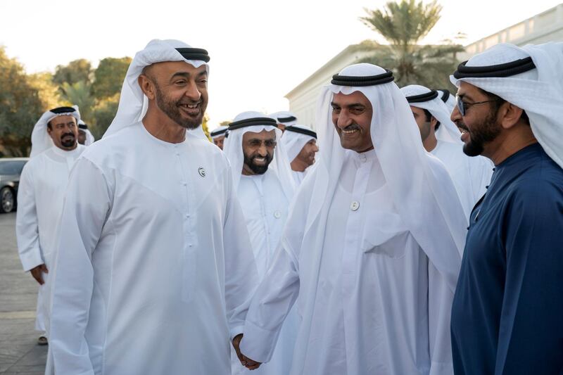 ABU DHABI, UNITED ARAB EMIRATES - February 05, 2019: HH Sheikh Mohamed bin Zayed Al Nahyan, Crown Prince of Abu Dhabi and Deputy Supreme Commander of the UAE Armed Forces (L) receives HH Sheikh Hamad bin Mohamed Al Sharqi, UAE Supreme Council Member and Ruler of Fujairah (C), during a Sea Palace barza. Seen with HH Sheikh Hamdan bin Zayed Al Nahyan, Ruler’s Representative in Al Dhafra Region (R).
( Ryan Carter / Ministry of Presidential Affairs )
---