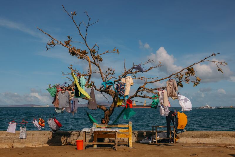 Clothes left to dry on a damaged tree following the typhoon. Reuters