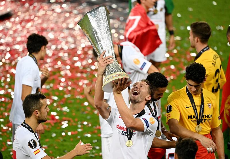 Luuk de Jong celebrates winning the Europa League. Reuters