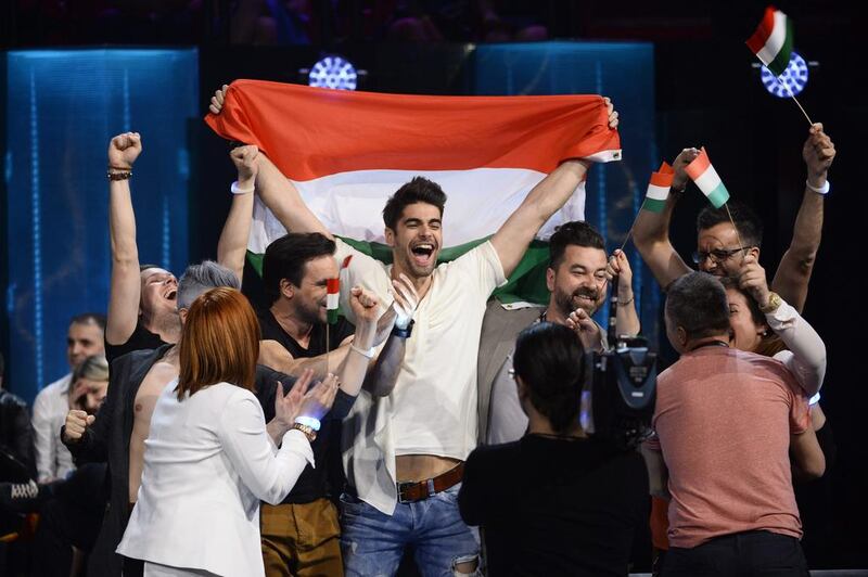 Hungary's Freddie reacts after his song 'Pioneer' qualified during the First Semi-Final of the 61st annual Eurovision Song Contest  at the Ericsson Globe in Stockholm, Sweden. Maja Suslin / EPA
