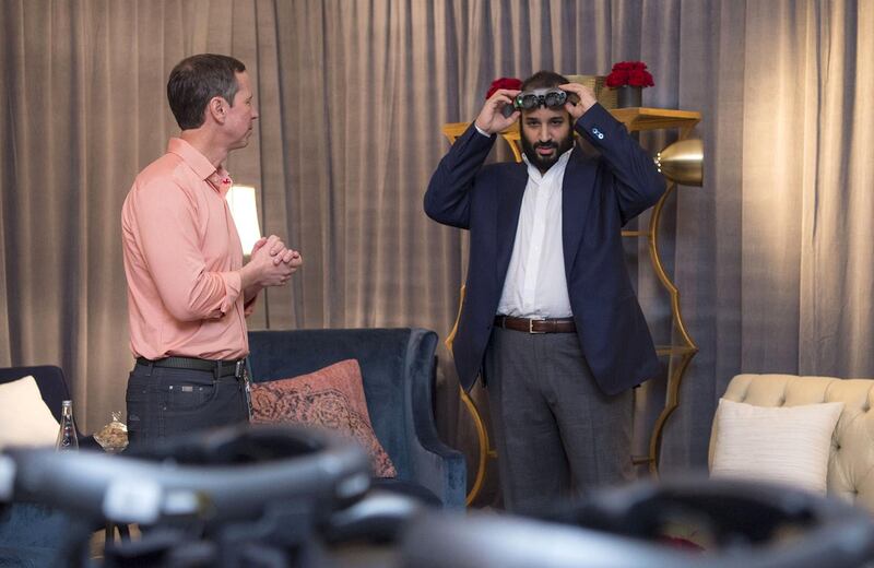 CALIFORNIA, USA - APRIL 3: (----EDITORIAL USE ONLY  MANDATORY CREDIT - "BANDAR ALGALOUD / SAUDI KINGDOM COUNCIL / HANDOUT" - NO MARKETING NO ADVERTISING CAMPAIGNS - DISTRIBUTED AS A SERVICE TO CLIENTS----) Crown Prince of Saudi Arabia Mohammed bin Salman Al Saud (R) meets executives of Magic Leap in Los Angeles, California, United States on April 3, 2018. (Photo by Bandar Algaloud / Saudi Kingdom Council / Handout/Anadolu Agency/Getty Images)