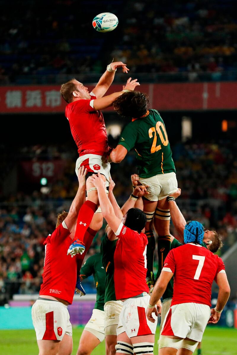 Wales' lock Alun Wyn Jones (L) and South Africa's lock Franco Mostert fight for the ball in a lineout during the Japan 2019 Rugby World Cup semi-final match between Wales and South Africa at the International Stadium Yokohama in Yokohama.  AFP