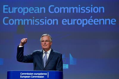 EU Brexit negotiator Michel Barnier gestures during a press conference on negotiations with UK on on February 3, 2020.  / AFP / Kenzo TRIBOUILLARD
