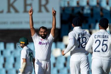 India's bowler Mohammed Shami reacts after taking a career 200th Test wickets, during the third day of the Test Cricket match between South Africa and India at Centurion Park in Pretoria, South Africa, Tuesday, Dec.  28, 2021.  (AP Photo / Themba Hadebe)
