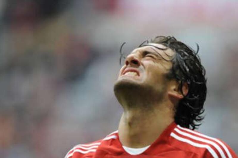 Bayern Munich's Italian striker Luca Toni shows his frustration during his side's 5-2 home defeat by Werder Bremen at the Allianz Arena in Munich on Saturday.