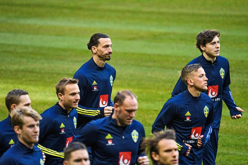 Sweden forward Zlatan Ibrahimovic and teammates attend a training session. AFP