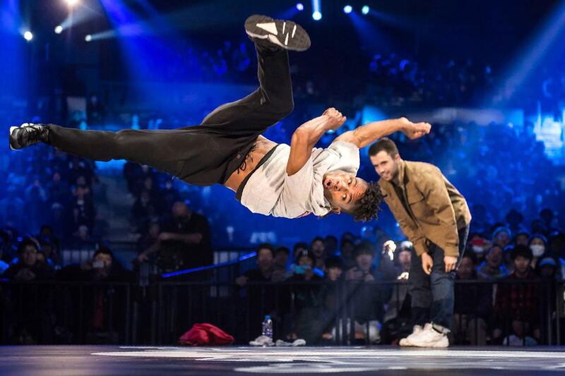 Fabiano ‘Neguin’ Lopes of Brazil, left, battles with Portugal’s Alexander ‘Bruce Almighty’ Ponevezhskiy during the Red Bull breakdancing finals in Nagoya. Jason Halayko / The National