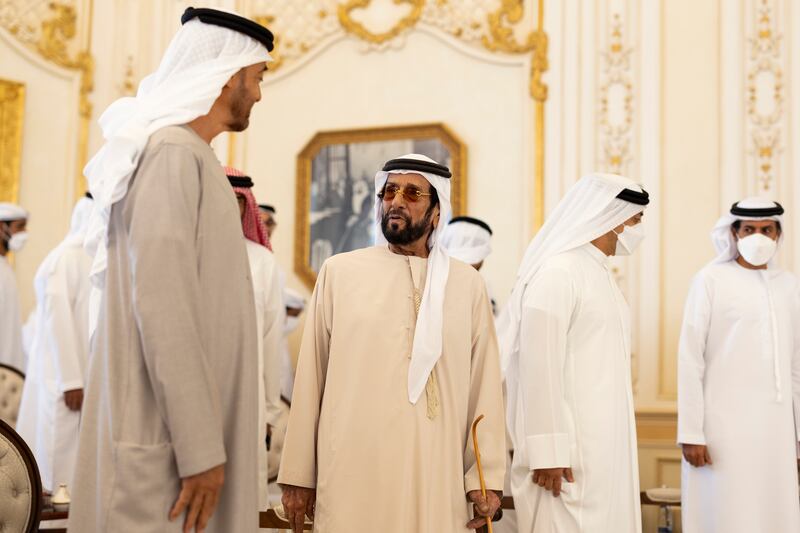 Sheikh Mohamed speaks with Sheikh Tahnoon bin Mohamed, Ruler's representative in Al Ain Region.