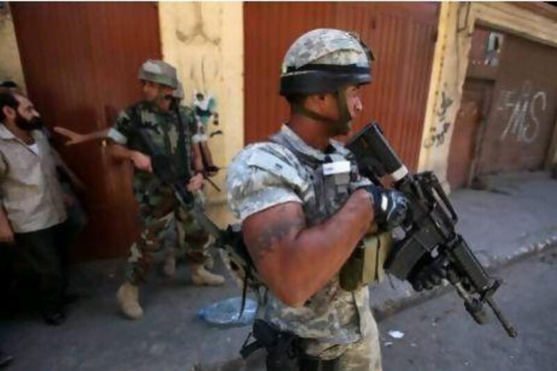 Lebanese soldiers on patrol in Tripoli today.