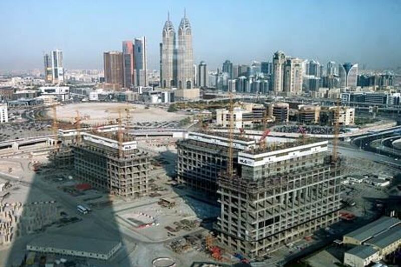 DUBAI , UNITED ARAB EMIRATES – Feb 13 : View of the under construction Dubai Pearl project near Dubai Media City in Dubai. ( Pawan Singh / The National ) For Business.