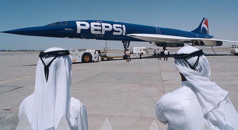 Dubai aviation officials watch the arrival of Pepsi's Concorde, leased from Air France and sporting the new electric-blue Pepsi colours, which stopped over in the Gulf Arab emirate April 7 while on a whirlwind marketing tour of the Middle East. The visit is part of a $500 million project called " Project Blue" to win back market shares from arch-rival Coca-Cola. While in Dubai, Pepsi took 100 VIP guests on a supersonic flight. The flight arrived from Beirut and will continue on to Jeddah and Cairo.

Credit/Reuters