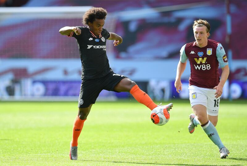 Chelsea's Willian in action with Aston Villa's Matt Targett. Reuters