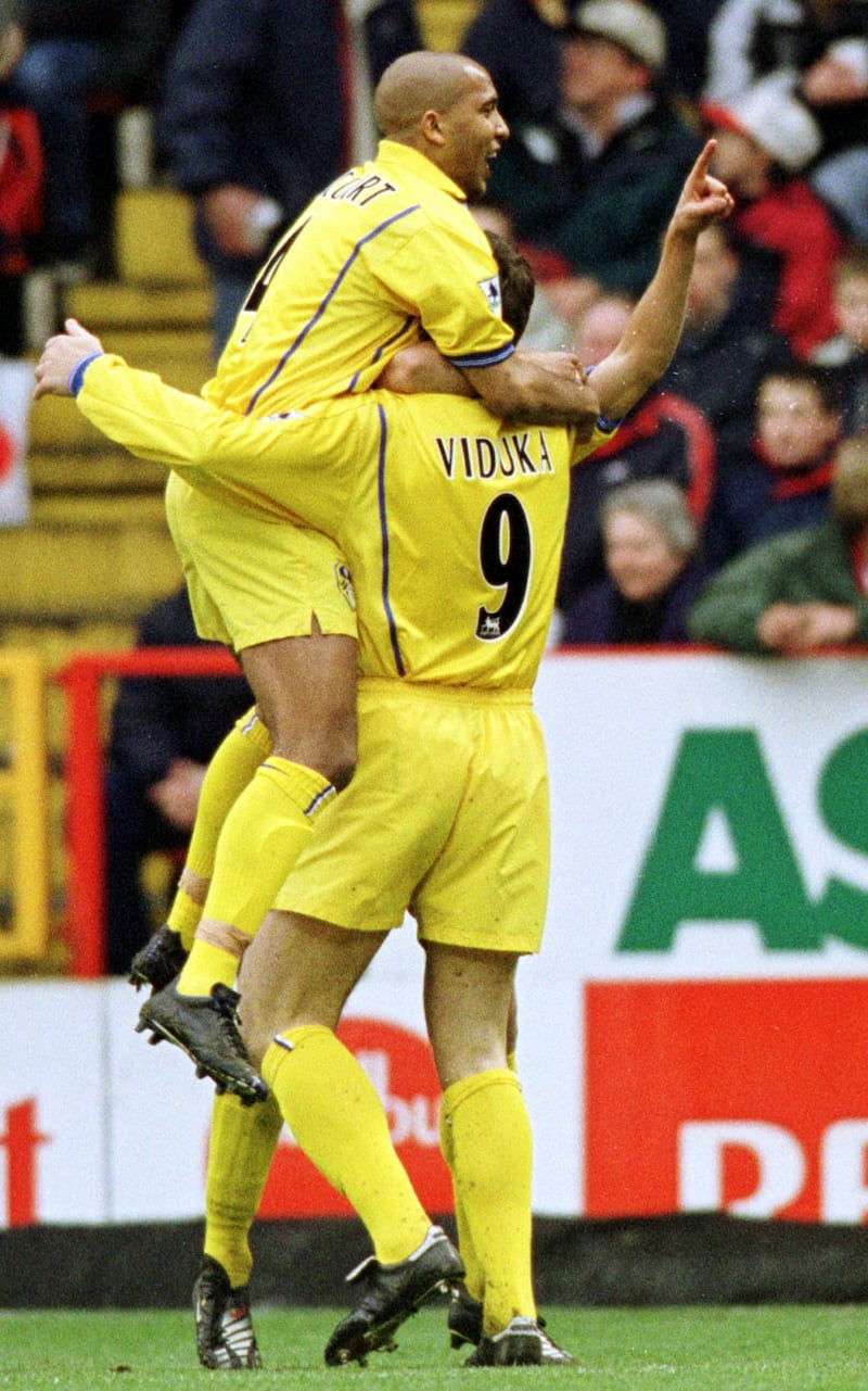 17 Mar 2001:   Olivier Dacourt celebrates with Mark Viduka of Leeds during the FA Carling Premiership game between Charlton Athletic v Leeds United at The Valley, Charlton. Mandatory Credit: Jamie McDonald/ALLSPORT