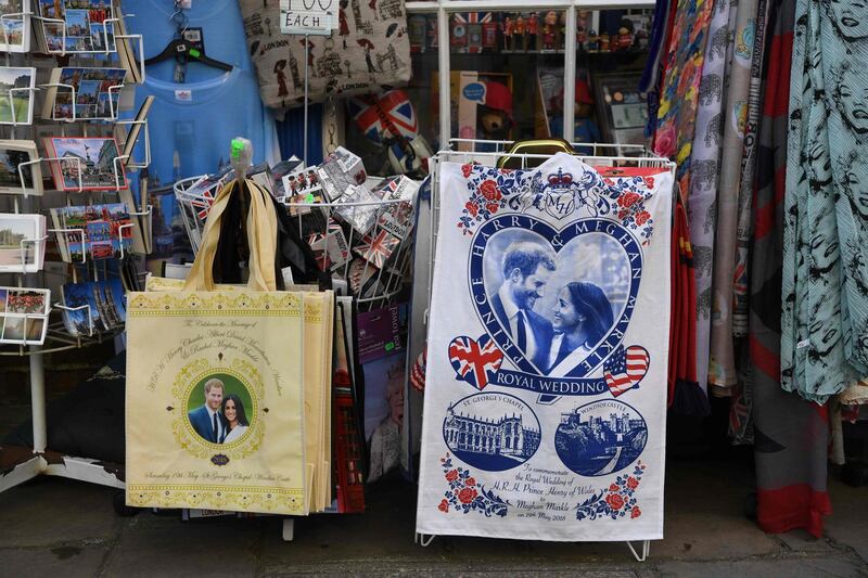 Royal wedding souvenirs are seen in a gift shop in Windsor.  Paul Ellis / AFP Photo