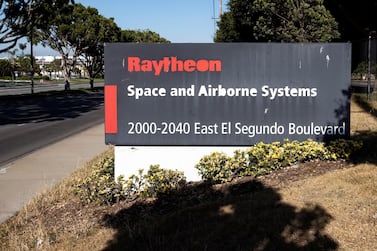 The entrance sign of Raytheon Space and Airborne Systems stands outside the company's office in Los Angeles, California. Raytheon and United Technologies are reportedly in merger talks. EPA