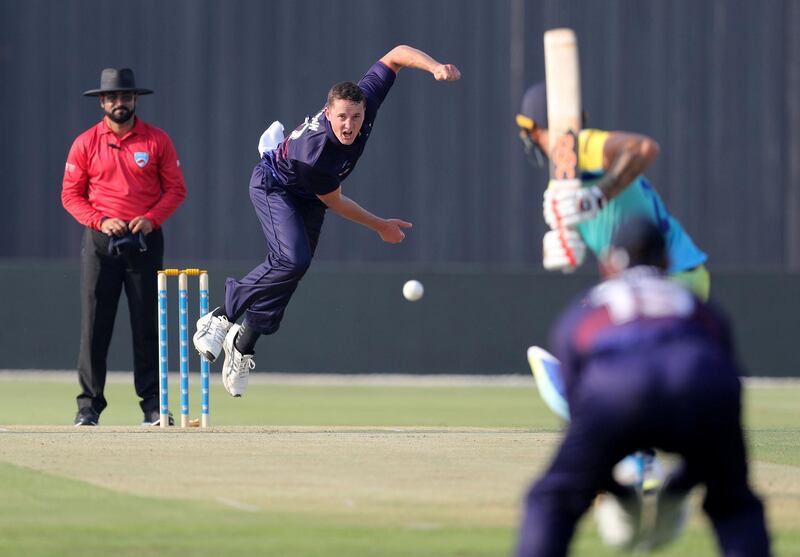 Abu Dhabi, United Arab Emirates - October 04, 2018: Aces' Jamie Brown bowls in the game between Auckland Aces and the Boost Defenders in the Abu Dhabi T20 competition. Thursday, October 4th, 2018 at Zayed Cricket Stadium, Abu Dhabi. Chris Whiteoak / The National