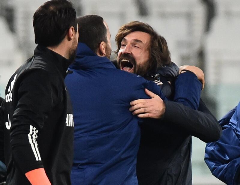 Juventus manager Andrea Pirlo celebrates after the match. Reuters