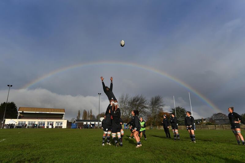 Alycia Washington of the Barbarians Women team rises to claim a lineout during  training  in Penarth, Wales, on Wednesday, November 27, ahead of their match against Wales. Getty