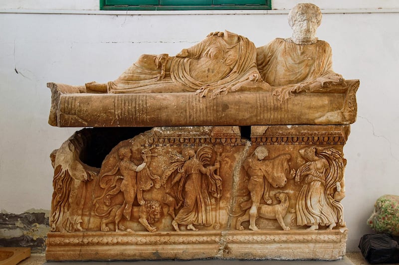 A view of a Dionysiac stone sarcophagus depicting the god Dionysius riding a lion, on display at the Cyrene Museum which houses Greco-Roman artefacts, in the eastern Libyan town of Shahat, near the ruins of the ancient city of Cyrene. AFP