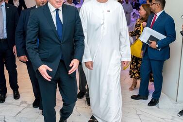 Tony Blair, former prime minister of the UK and executive chairman of the Institute for Global Change with Adnoc group chief executive and Minister of State Dr Sultan Al Jaber at Adnoc's global investor forum event at ADGM. Courtesy Adnoc