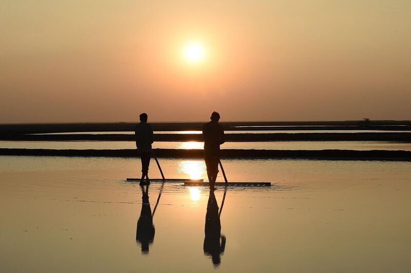 Labourers work on a salt pan in the Little Rann of Kutch region near Kharaghoda, India. AFP