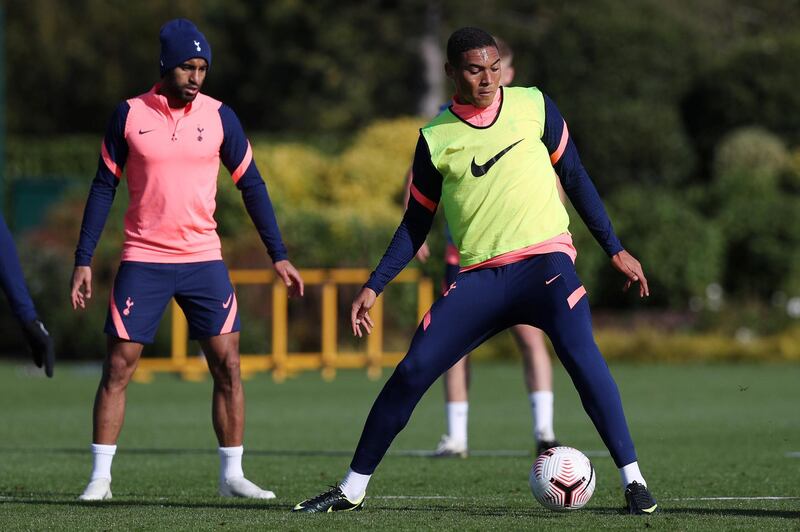 ENFIELD, ENGLAND - OCTOBER 07: Lucas Moura and Carlos Vinicius of Tottenham Hotspur during the Tottenham Hotspur training session at Tottenham Hotspur Training Centre on October 07, 2020 in Enfield, England. (Photo by Tottenham Hotspur FC/Tottenham Hotspur FC via Getty Images)