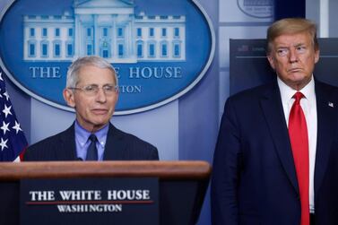 US President Donald Trump and National Institute of Allergy and Infectious Diseases Director Dr Anthony Fauci during a daily coronavirus task force briefing at the White House in April. Reuters