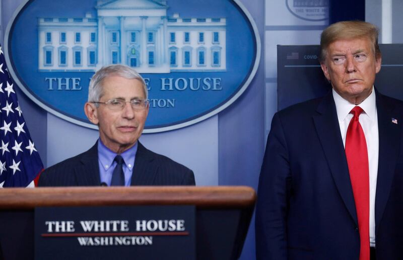 FILE PHOTO: U.S. President Donald Trump looks at National Institute of Allergy and Infectious Diseases Director Dr. Anthony Fauci as Fauci answers a question during the daily coronavirus task force briefing at the White House in Washington, U.S., April 17, 2020. REUTERS/Leah Millis/File Photo