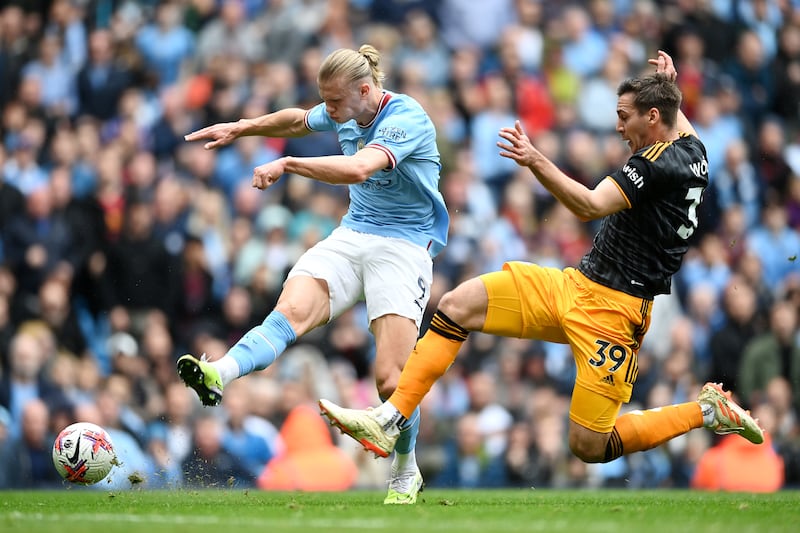 Erling Haaland of Manchester City is challenged by Max Woeber of Leeds. Getty 
