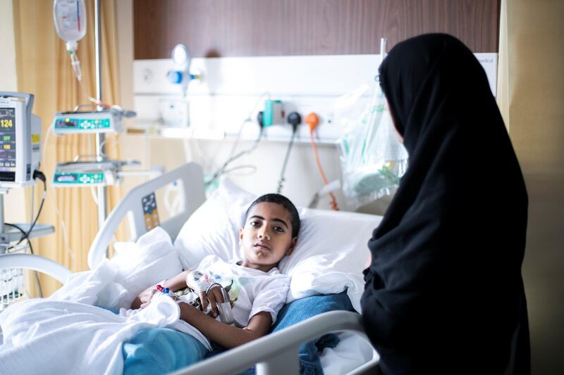 DUBAI, UNITED ARAB EMIRATES - April 14 2019.

Muayad Al Arjani, a 12 year old Palestinian boy, at King’s College Hospital.

Muayad has brittle bone disease whose legs break and deform at the slightest knock has been flown to Dubai for a treatment.

His treatment and stay here has been provided for by the Little Wings Foundation, a UK-registered charity, that works here in partnership with the Al Jalila Foundation and in Palestine with the Palestinian Children’s Relief Fund.

(Photo by Reem Mohammed/The National)

Reporter: Nick Webster
Section: NA