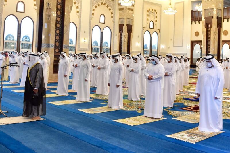 Sheikh Hamdan bin Mohammed, Crown Prince of Dubai, and Sheikh Maktoum bin Mohammed, Deputy Ruler of Dubai, perform Eid Al Adha prayers at Sheikh Rashid bin Saeed Mosque.