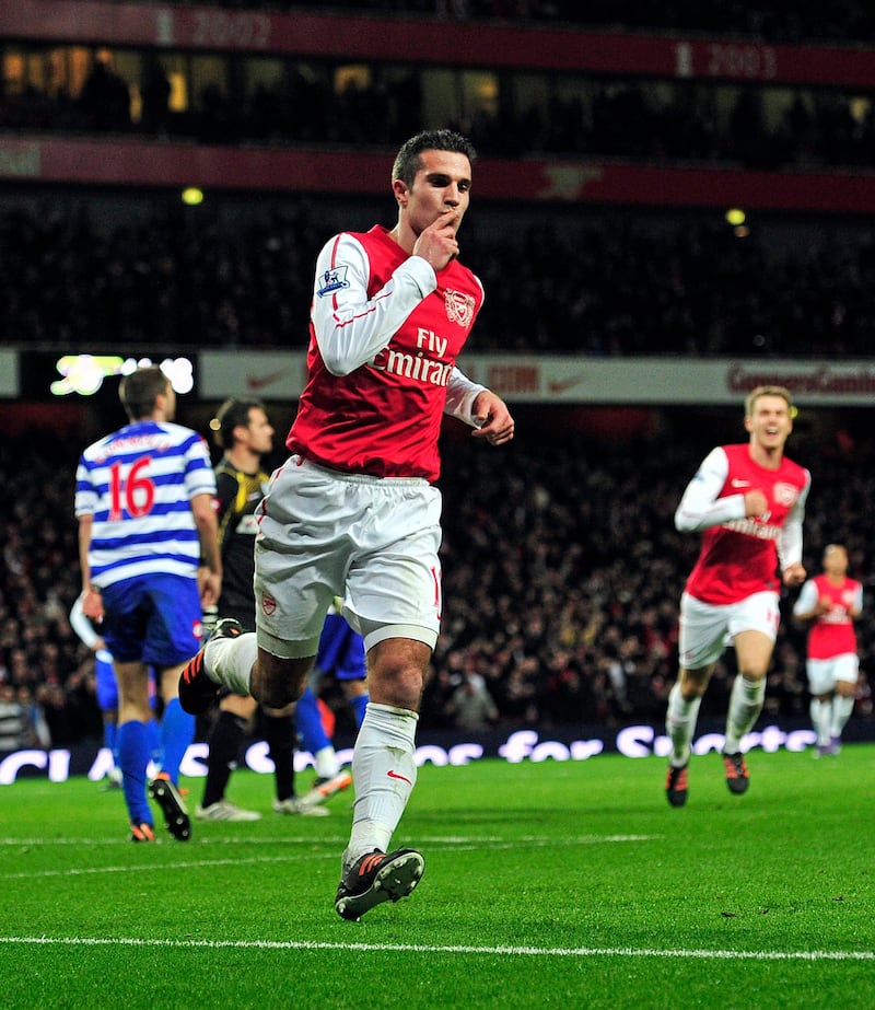 Arsenal's Dutch striker Robin Van Persie celebrates scoring the opening goal of the English Premier League football match between Arsenal and Queens Park Rangers at The Emirates Stadium in north London, England on December 31, 2011. AFP PHOTO/GLYN KIRK

RESTRICTED TO EDITORIAL USE. No use with unauthorized audio, video, data, fixture lists, club/league logos or “live” services. Online in-match use limited to 45 images, no video emulation. No use in betting, games or single club/league/player publications. (Photo by GLYN KIRK / AFP)