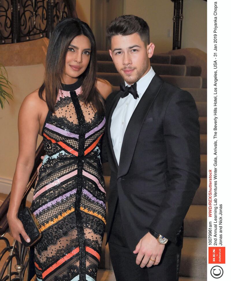 Mandatory Credit: Photo by WWD/REX/Shutterstock (10079961am)
Priyanka Chopra Jonas and Nick Jonas
2nd Annual Learning Lab Ventures Winter Gala, Arrivals, The Beverly Hills Hotel, Los Angeles, USA - 31 Jan 2019