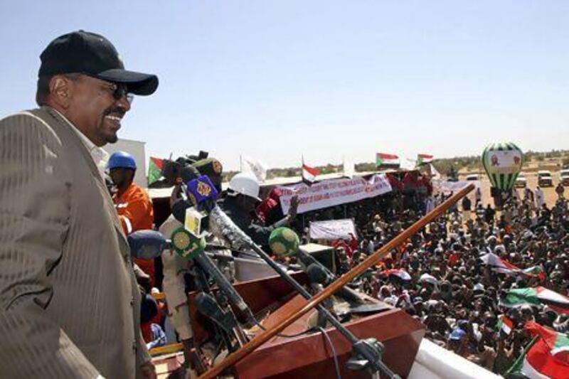 Sudan's President Omar Hassan Al Bashir addresses the crowd during the inauguration of the new Hadida oilfield in western Sudan this week which the government hopes will mitigate the loss of crucial oil reserves since South Sudan seceded last year.