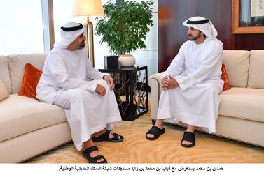 Crown Prince of Dubai Sheikh Hamdan bin Mohammed met Sheikh Theyab bin Mohamed bin Zayed, Chairman of the Board of Directors of Etihad Rail, to discuss the 1,200-kilometre railway project. WAM