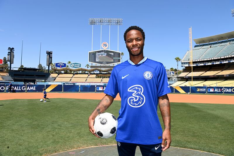 New Chelsea signing Raheem Sterling during a visit to Dodger Stadium in Los Angeles, California. All pictures by Getty Images