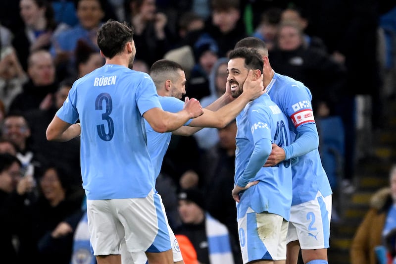 MANCHESTER, ENGLAND - MARCH 16: Bernardo Silva of Manchester City celebrates scoring his team's second goal with teammates during the Emirates FA Cup Quarter Final match between Manchester City and Newcastle United at Etihad Stadium on March 16, 2024 in Manchester, England. (Photo by Stu Forster / Getty Images)