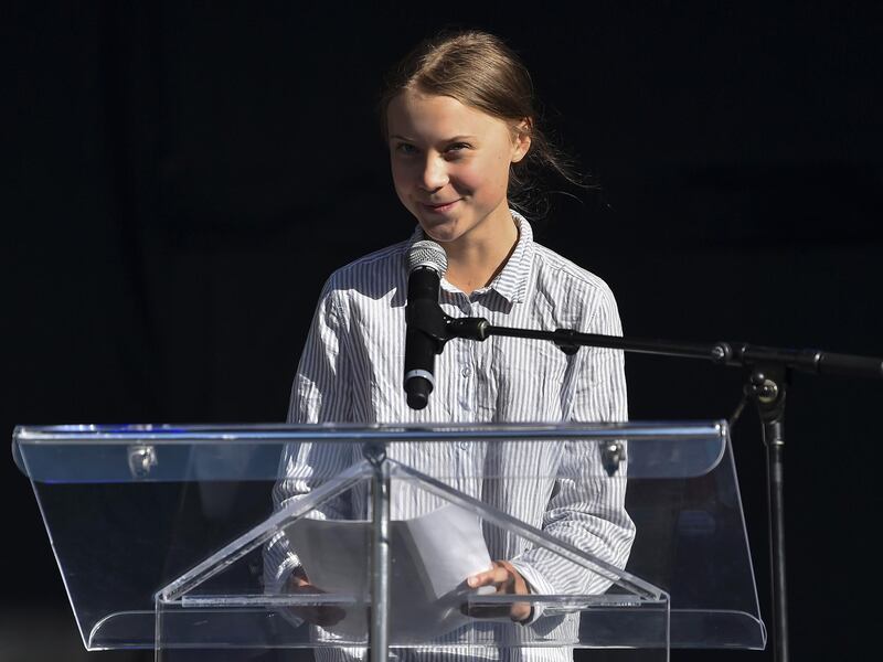 MONTREAL, QC - SEPTEMBER 27: Swedish climate activist Greta Thunberg takes to the podium to address young activists and their supporters during the rally for action on climate change on September 27, 2019 in Montreal, Canada. Hundreds of thousands of people are expected to take part in what could be the city's largest climate march.   Minas Panagiotakis/Getty Images/AFP
== FOR NEWSPAPERS, INTERNET, TELCOS & TELEVISION USE ONLY ==
