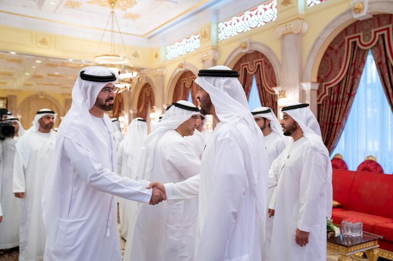 DUBAI, UNITED ARAB EMIRATES -June 09, 2018: HH Sheikh Mohamed bin Zayed Al Nahyan, Crown Prince of Abu Dhabi and Deputy Supreme Commander of the UAE Armed Forces (C), greets HE Mohamed Abdulla Al Gergawi, UAE Minister of Cabinet Affairs and the Future (L), during an Iftar reception hosted by HH Sheikh Mohamed bin Rashid Al Maktoum, Vice-President, Prime Minister of the UAE, Ruler of Dubai and Minister of Defence (not shown), at Zabeel Palace.

( Mohamed Al Hammadi / Crown Prince Court - Abu Dhabi )
---