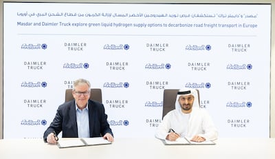 Martin Daum, chairman and chief executive of Daimler Truck, and Fawaz Al Muharrami, deputy chief operating officer of Masdar. Photo: Masdar